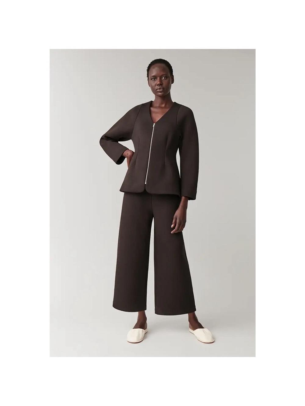 COS scuba jacket and High-Waisted pants in chocolate brown